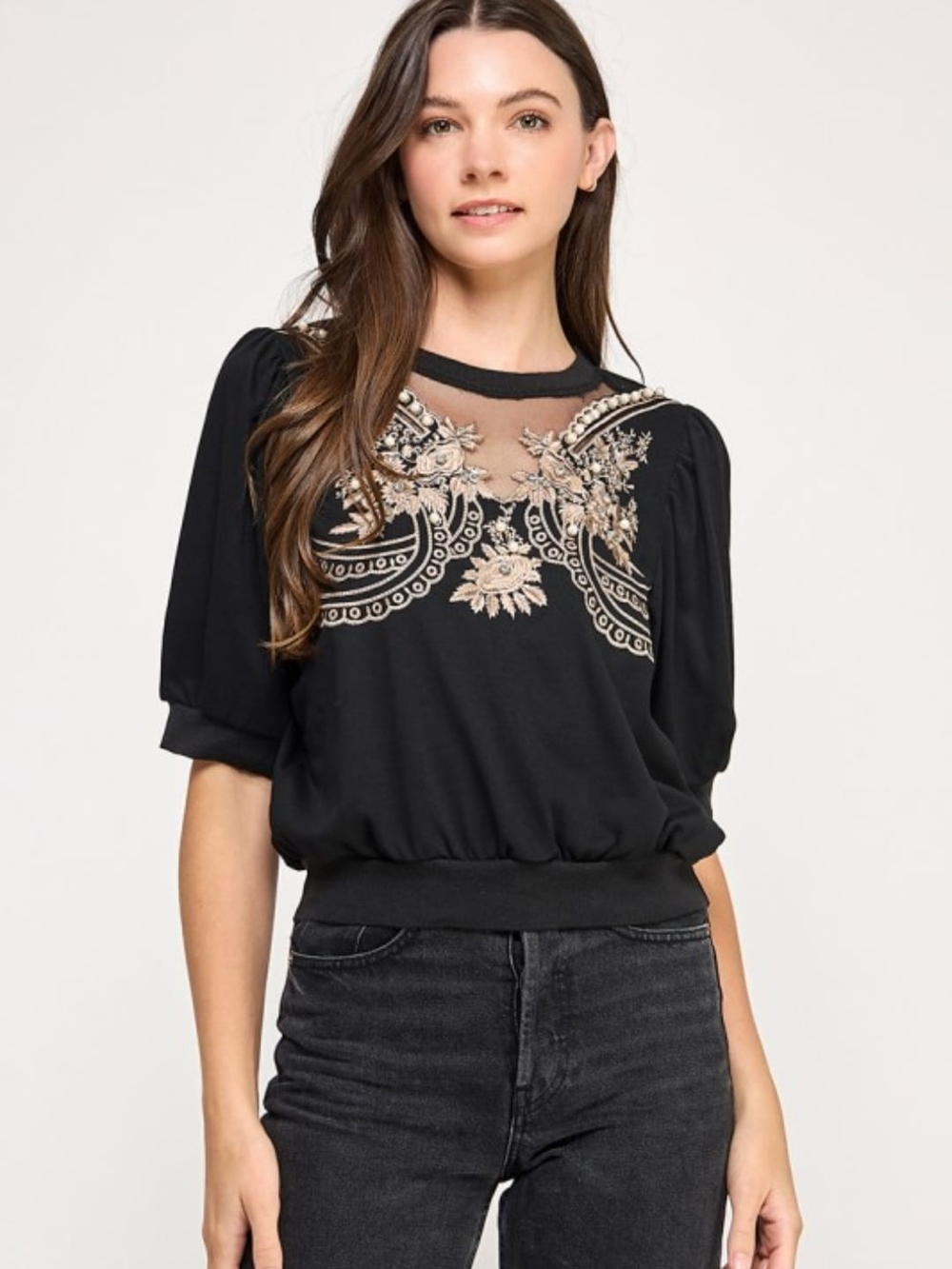 Black Embroidered Mesh Yoke Puff Sleeve Top